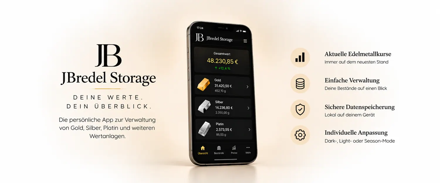 JBredel Storage – deine Werte, dein Überblick: Edelmetallkurse, Bestandsverwaltung und lokale Datenspeicherung